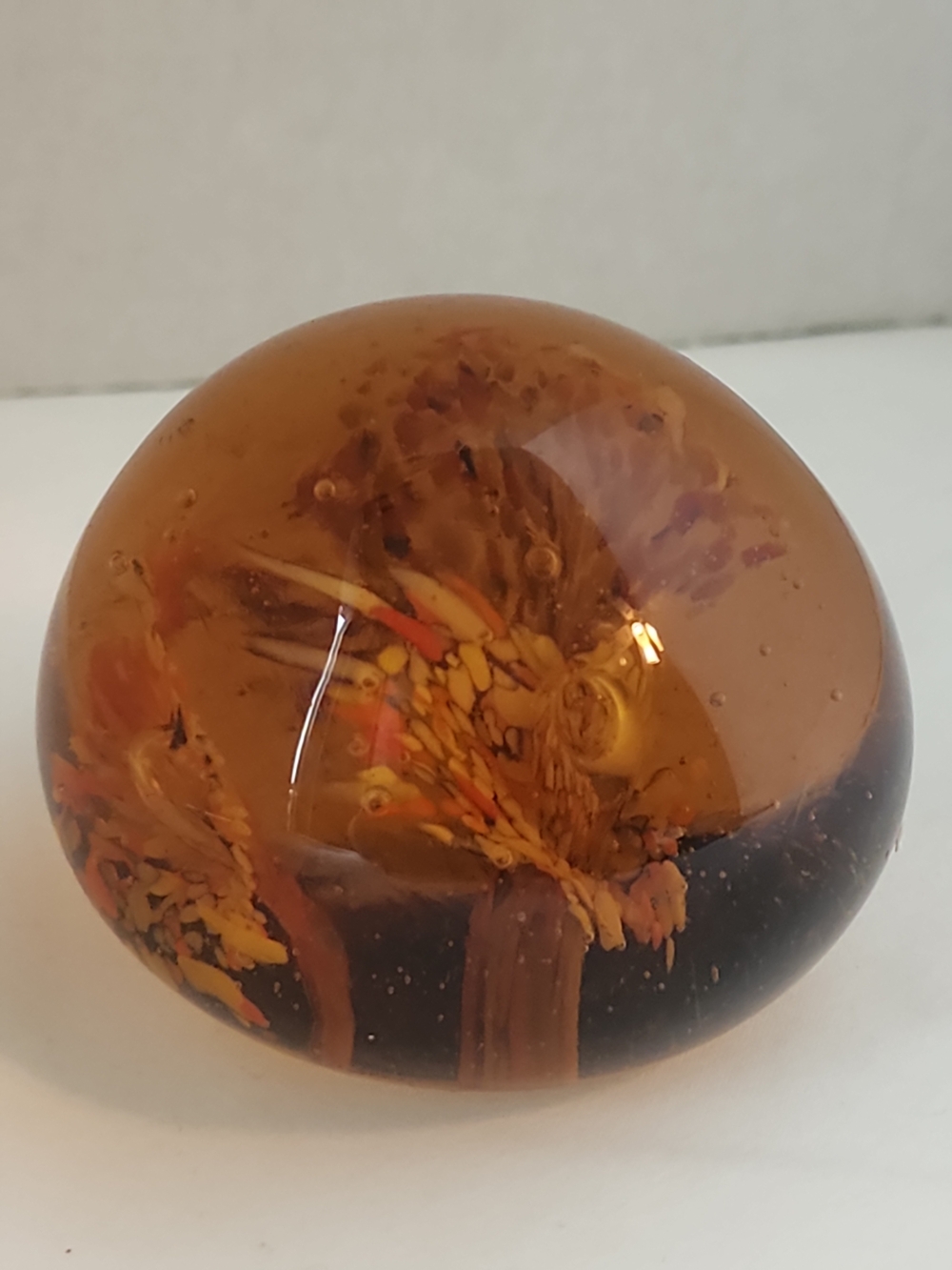Vintage Art Glass Paperweight Controlled Bubbles Amber Feathered Plumage Design